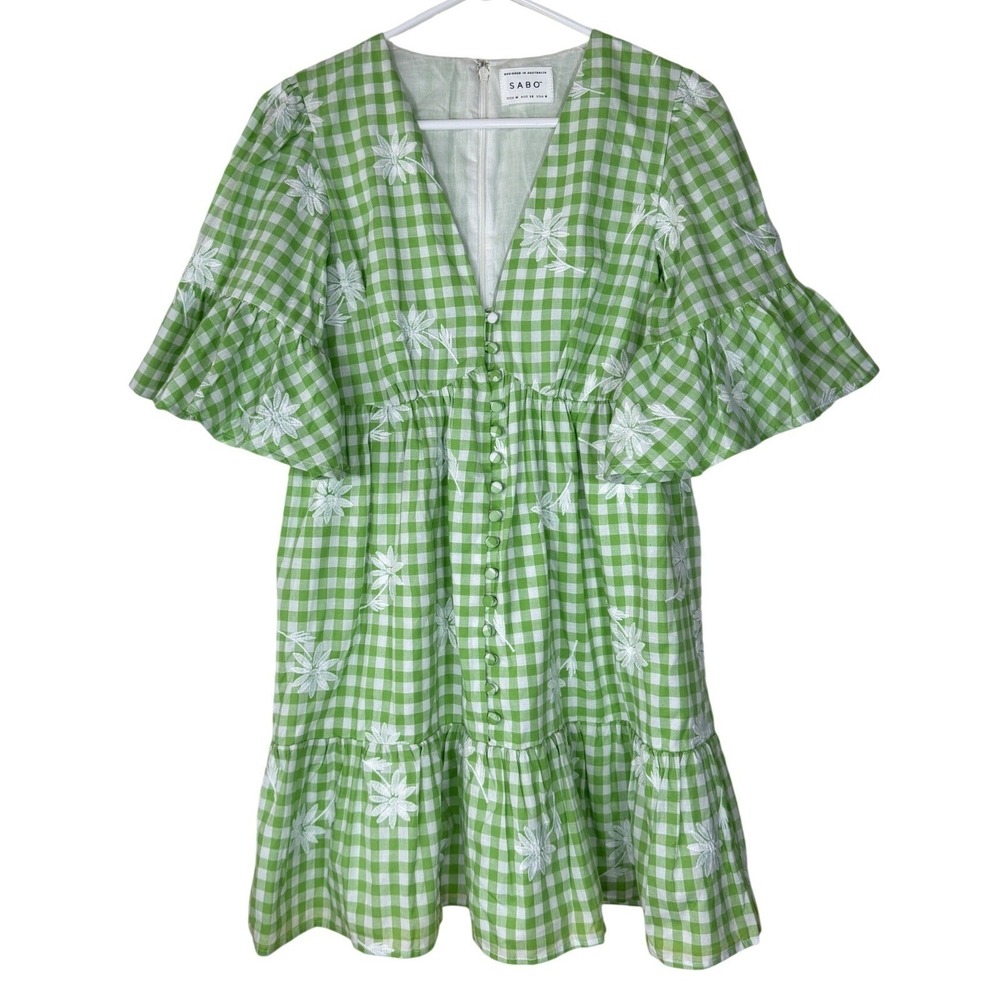 Gingham Daisy Babydoll Mini Dress Womens Med Sabo Twyla Green Cottage Coquette